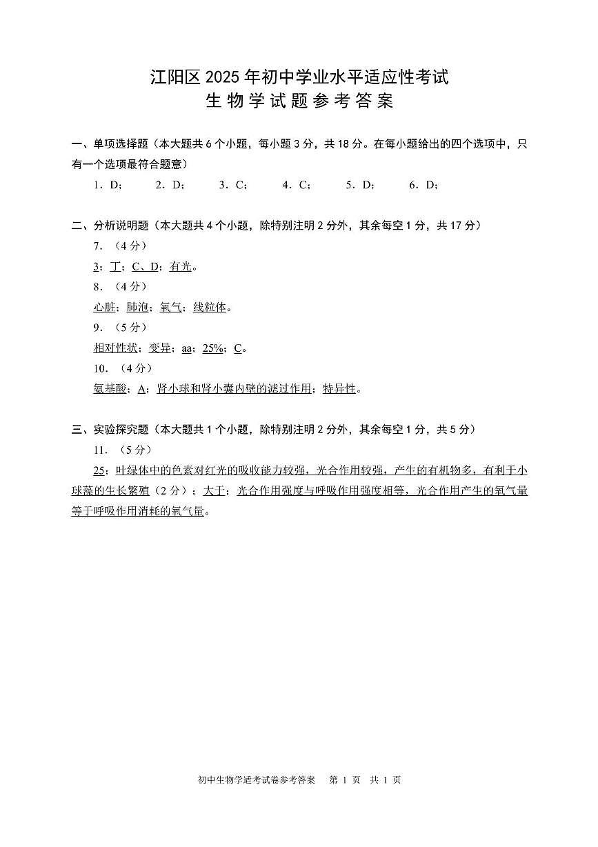 2025年四川省泸州市江阳区初中学业水平适应性考试生物学试题（答案）第1页