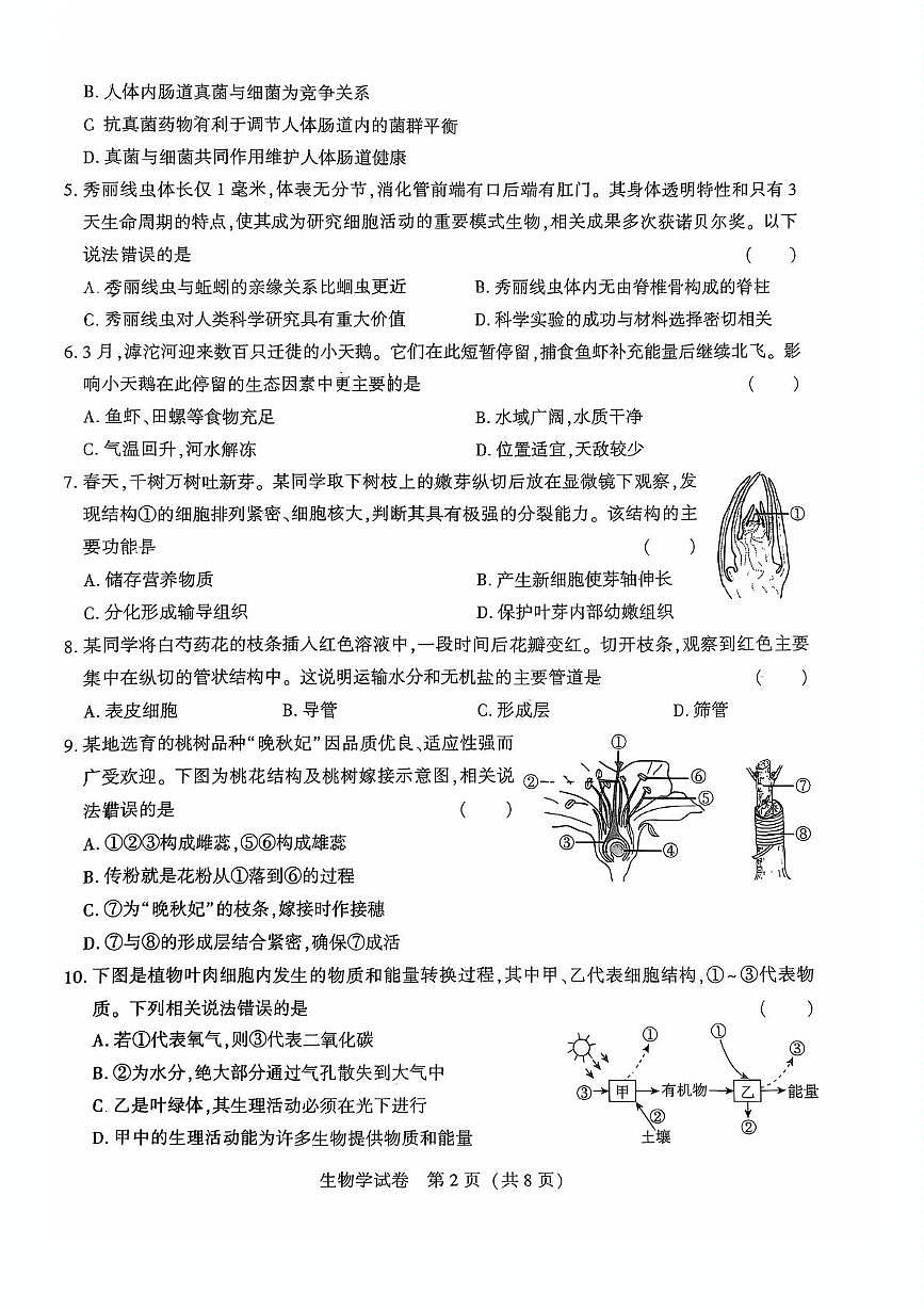 2025年河北省石家庄市第八十一中学中考二模生物试卷第2页