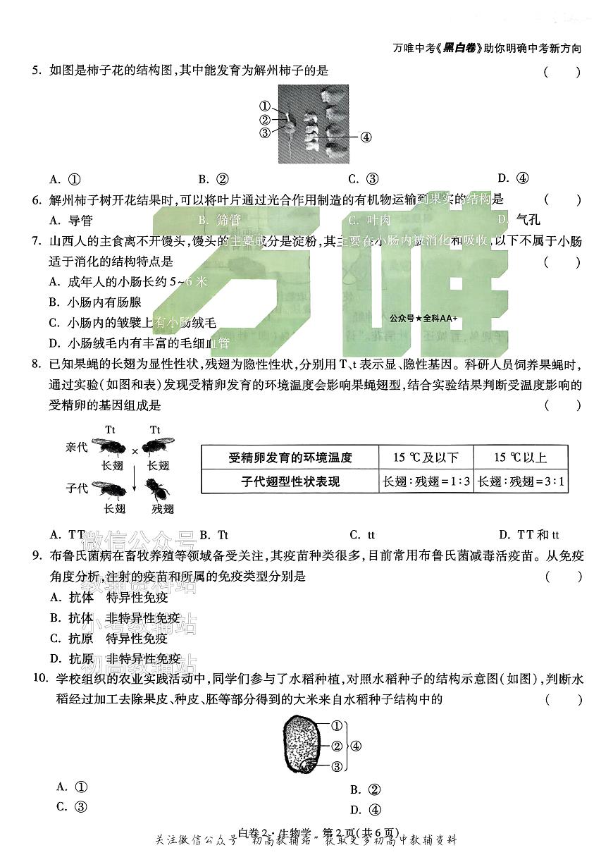 2025《万唯中考•山西黑白卷》生物白卷2第2页