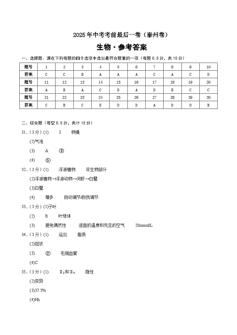 生物（泰州卷）（参考答案）第1页