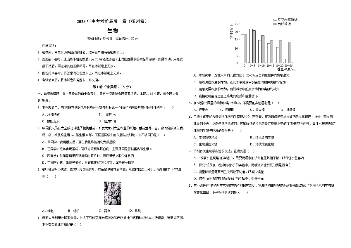 生物（扬州卷）（考试版A3）第1页