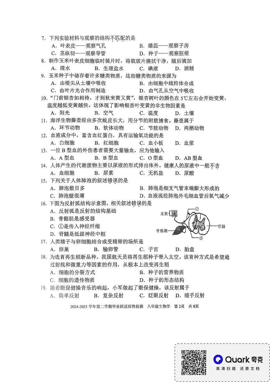 2025年福建省三明市五县联考八年级二模生物试题（中考模拟）第2页