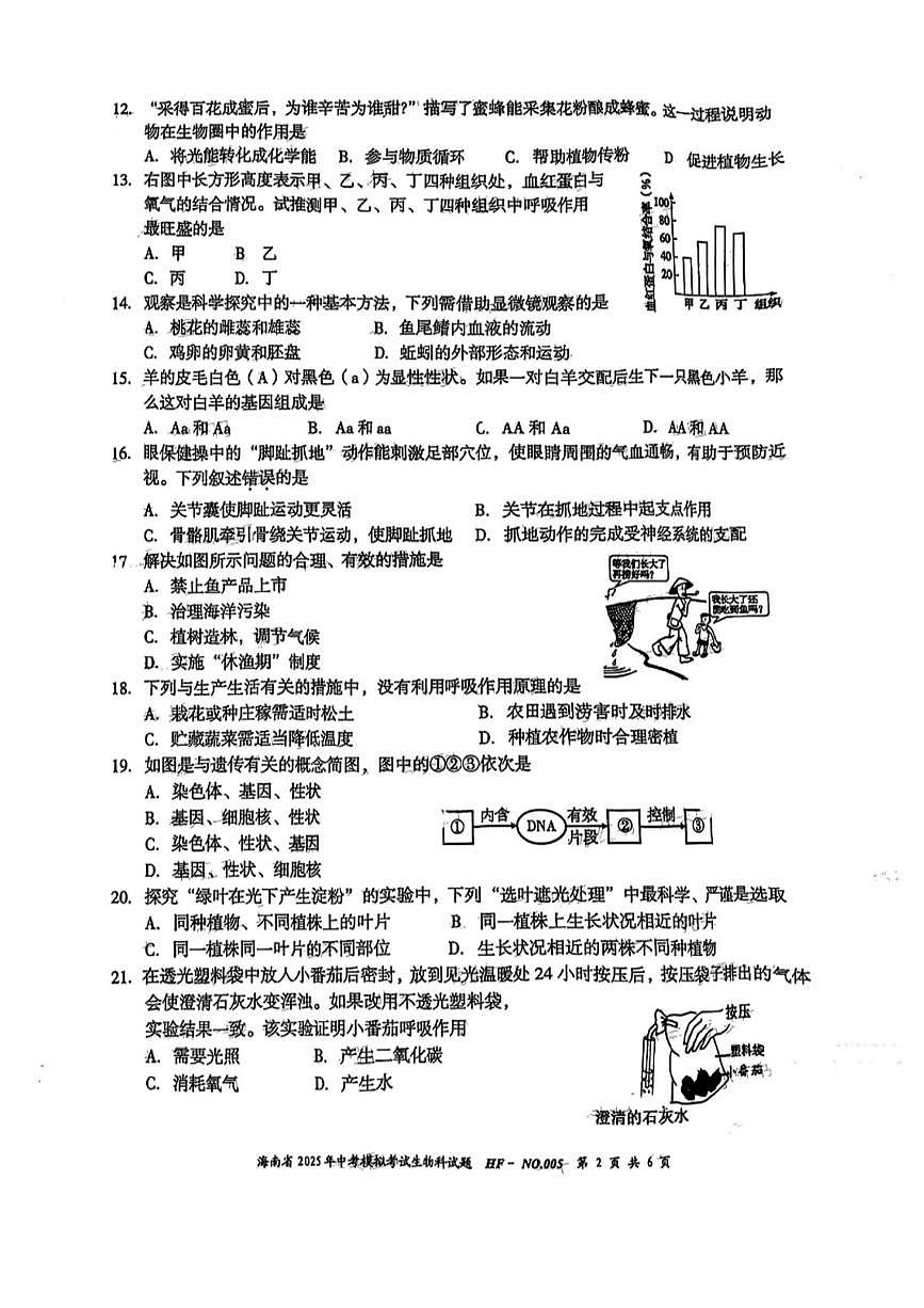 2025年海南省部分学校中考模拟考试生物科试题（中考模拟）第2页