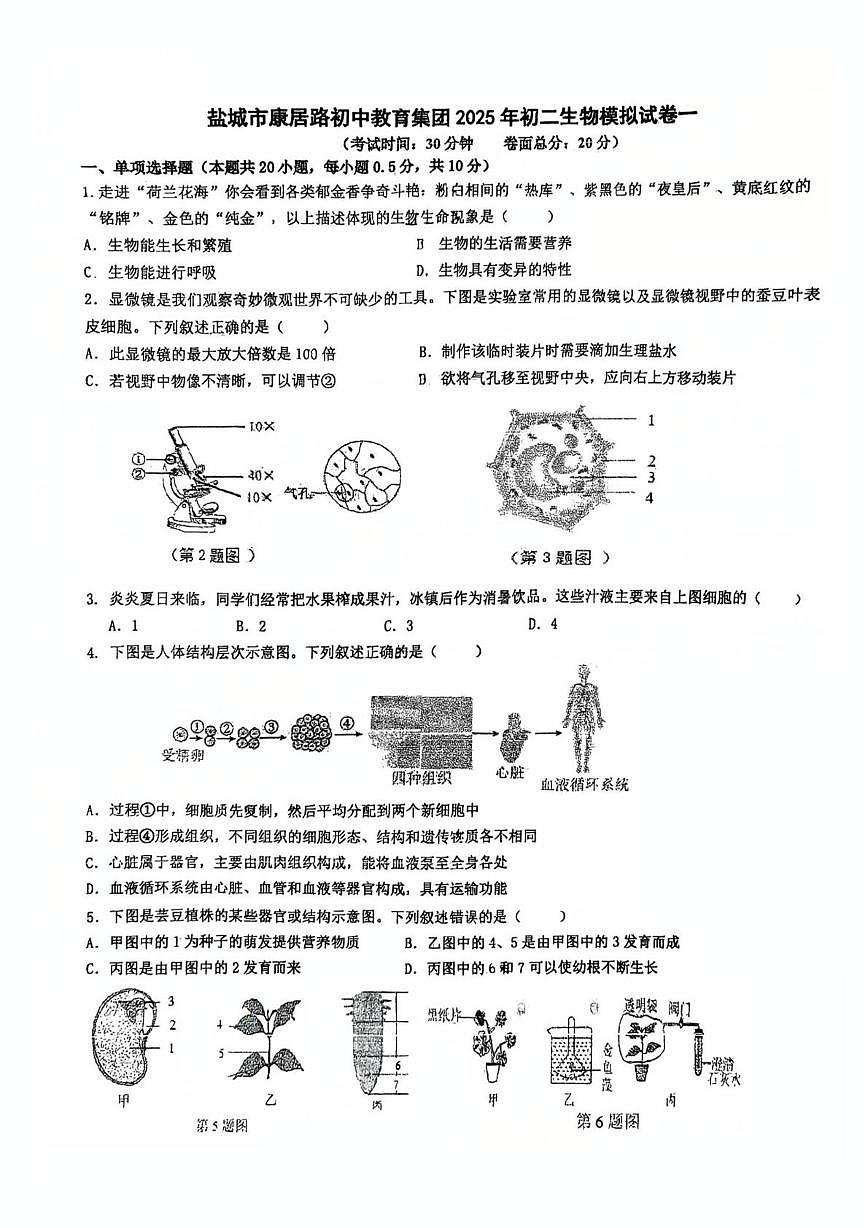 2025年江苏省盐城市康居路教育集团八年级中考一模生物试卷（中考模拟）第1页