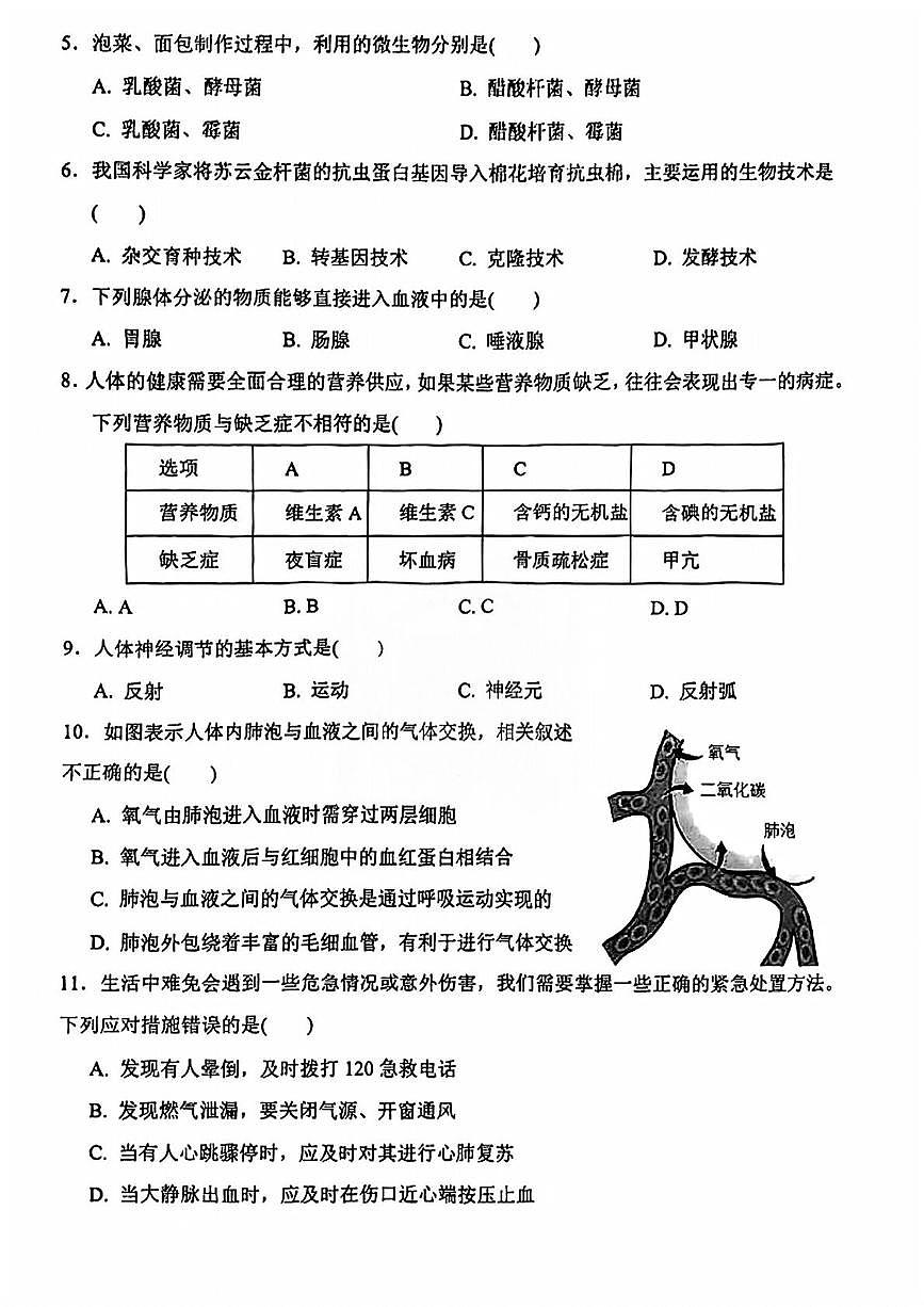 2025年天津市河东区初中学业考查模拟考试生物试卷（中考模拟）第2页