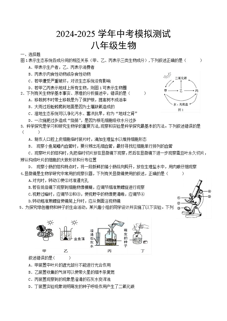2025年江苏省连云港市东海县初级中学八年级中考二模生物试题（中考模拟）第1页