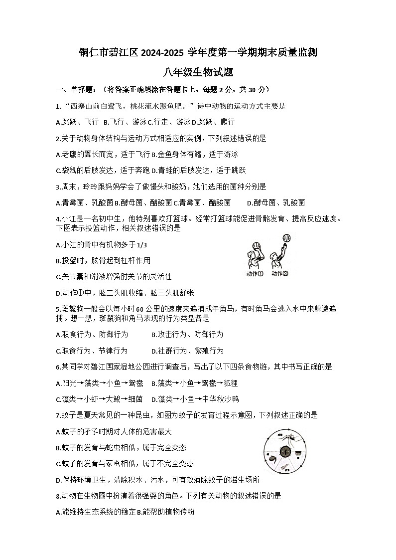 贵州省铜仁市碧江区2024-2025学年八年级上学期1月期末考试生物试题第1页