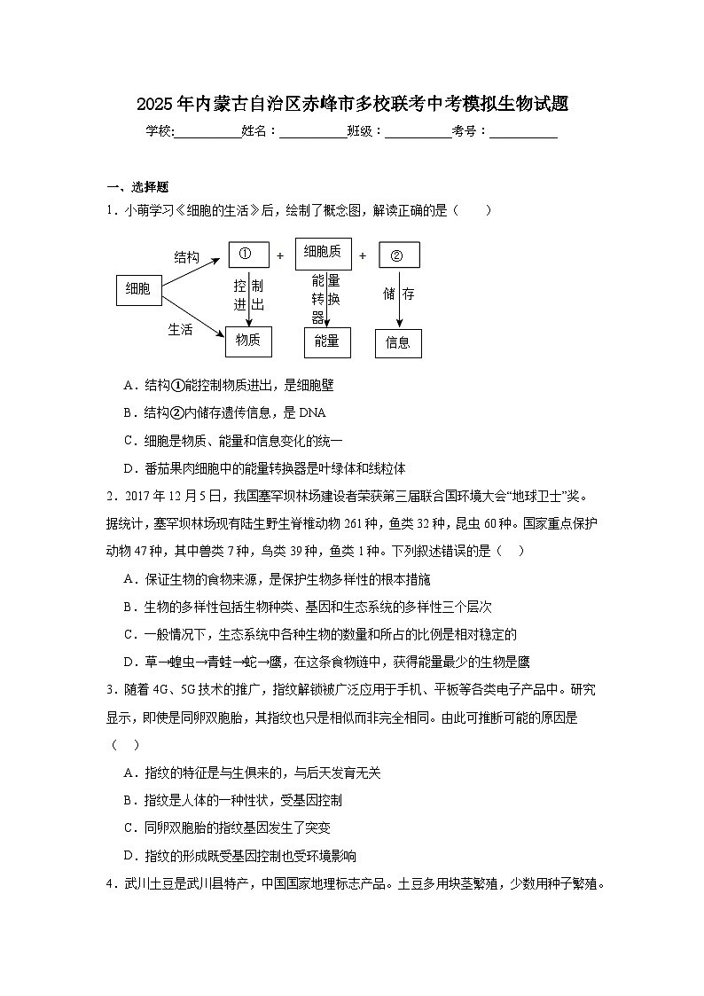 2025年内蒙古自治区赤峰市多校联考中考模拟生物试题（附答案解析）第1页