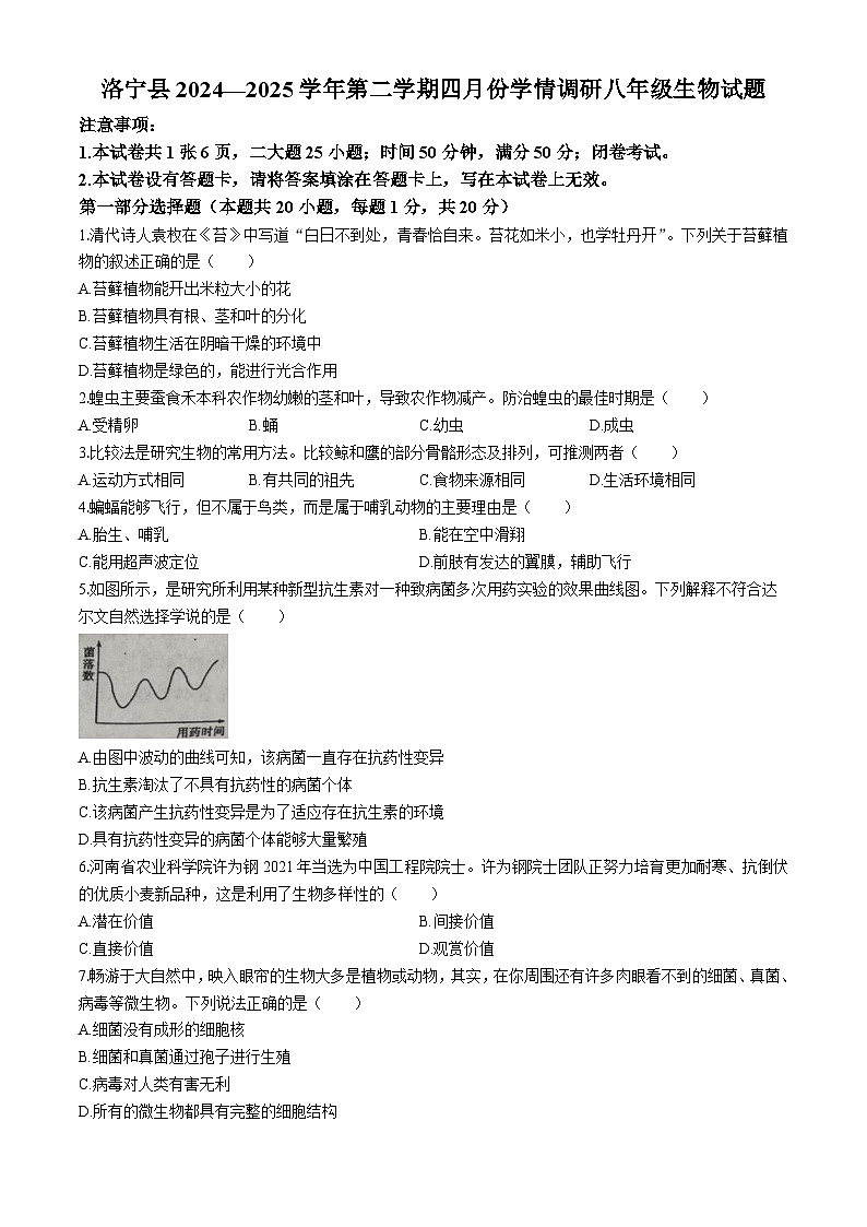 河南省洛阳市洛宁县2024-2025学年八年级下学期期中生物试题第1页