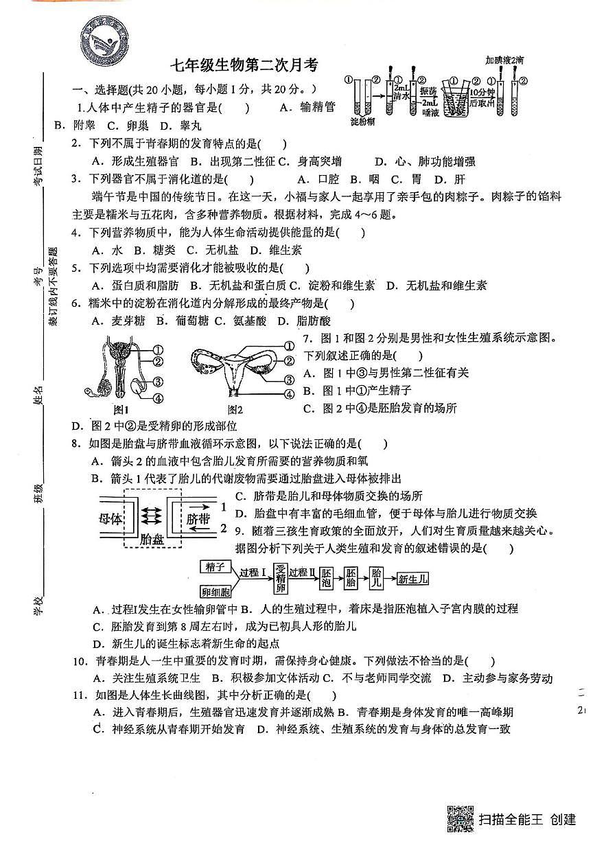 河南省南阳市兴宛学校2024-2025学年七年级下学期5月月考生物试题第1页
