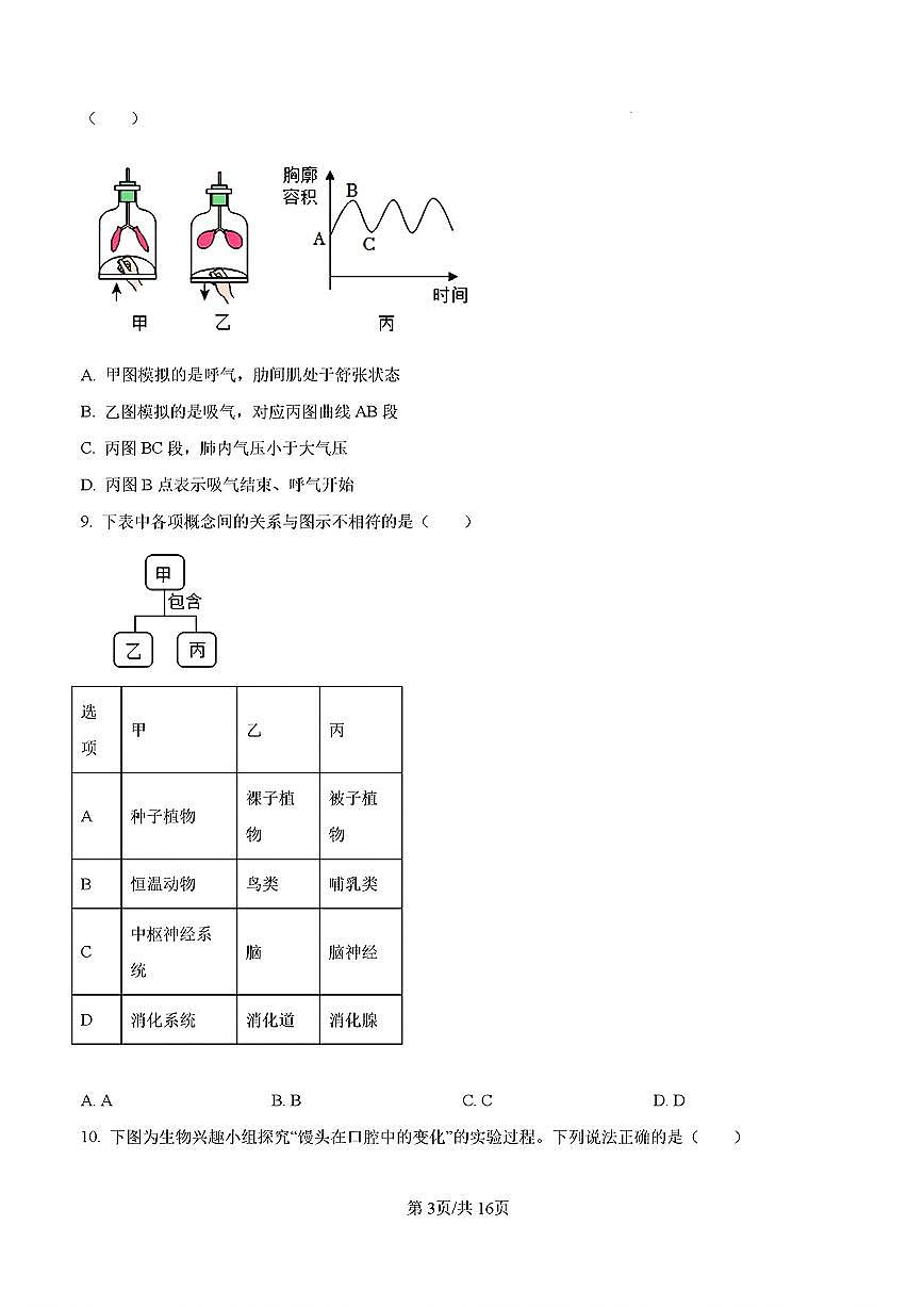 2025年山东省济南市历下区中考三模生物试卷及其答案第3页