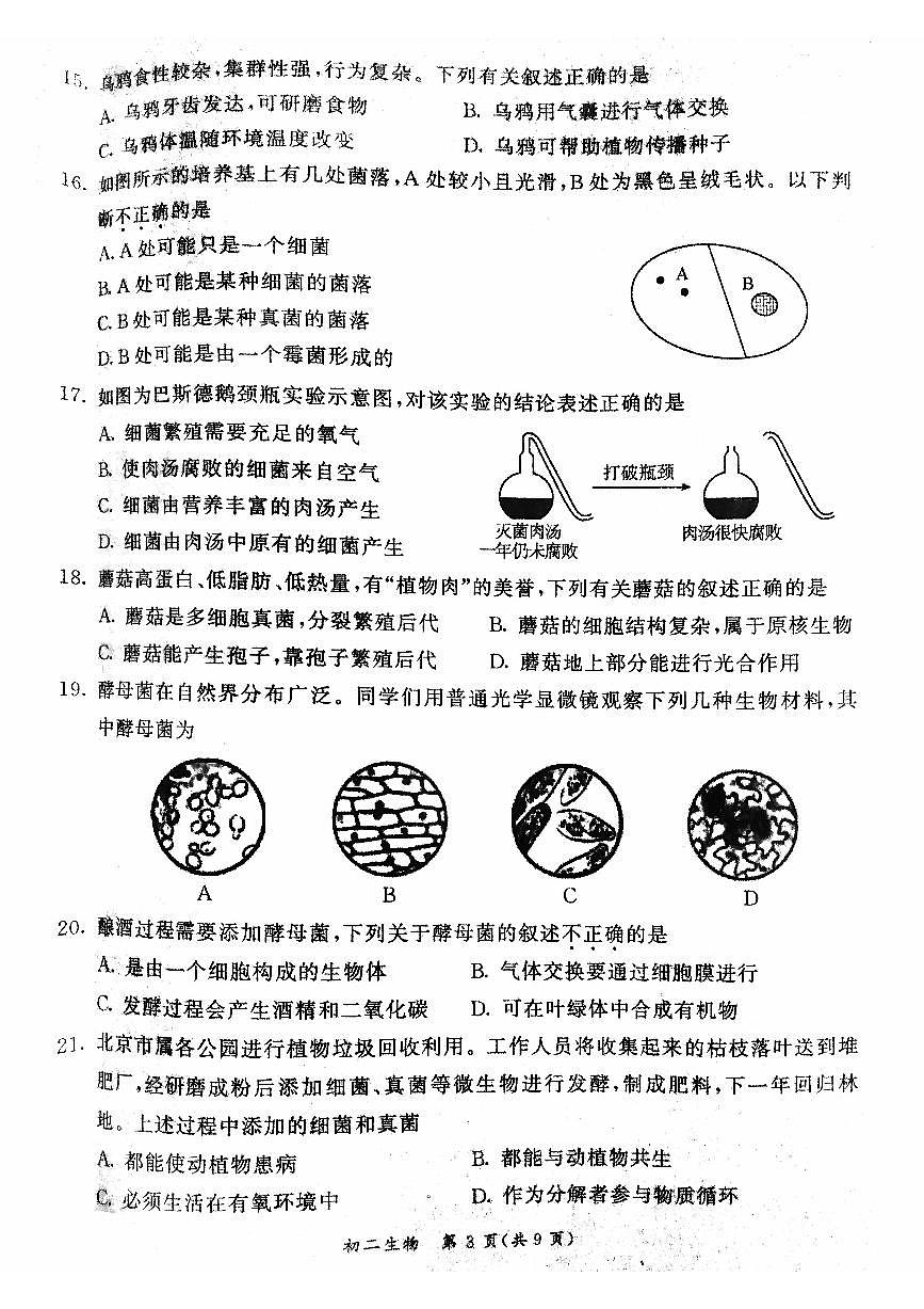 2024北京东城初二（上）期末生物试卷（含答案）第3页