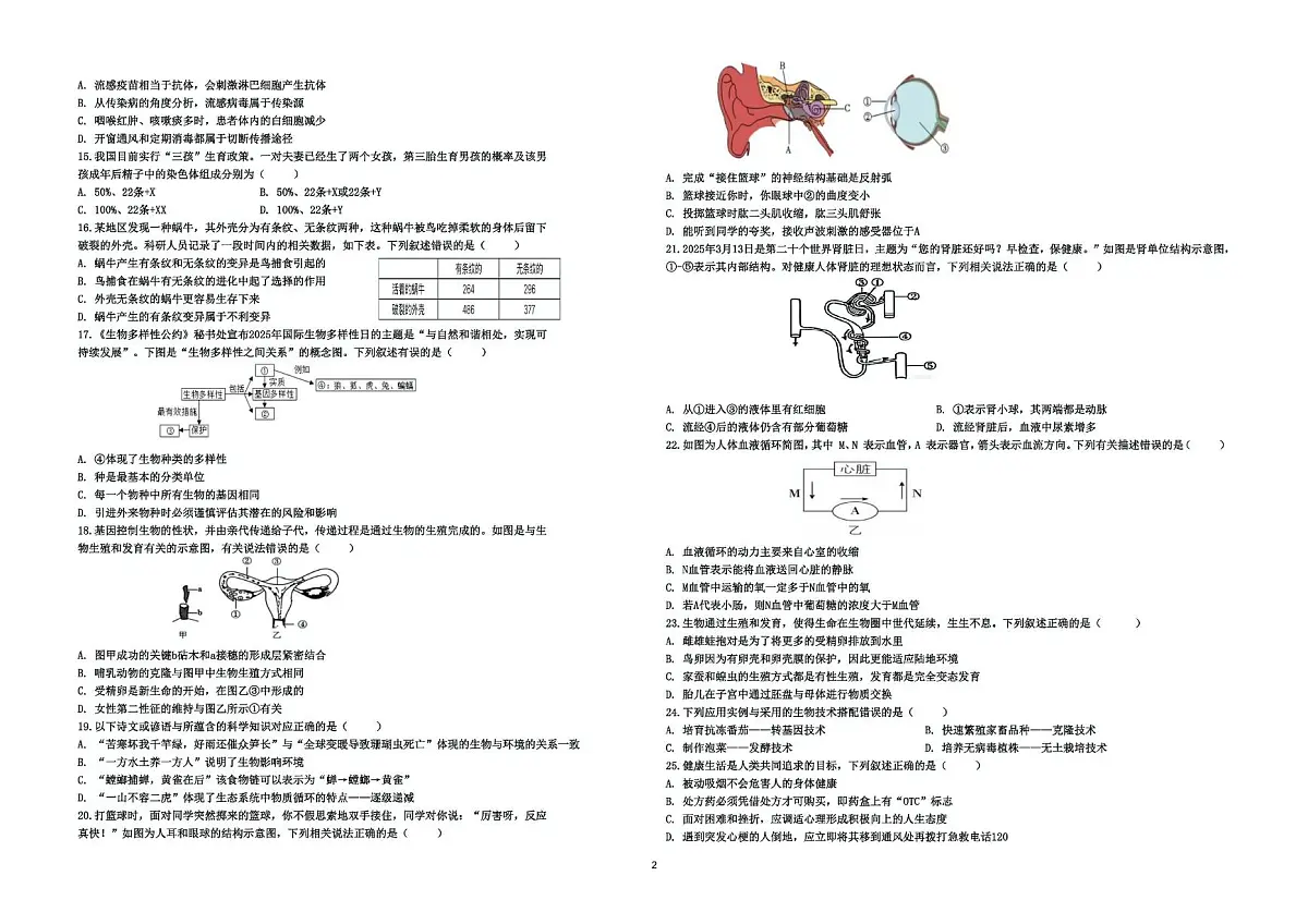 山东省德州市德城区三校联考2024-2025学年八年级下学期第二次月考生物试题（图片版，含答案）第2页