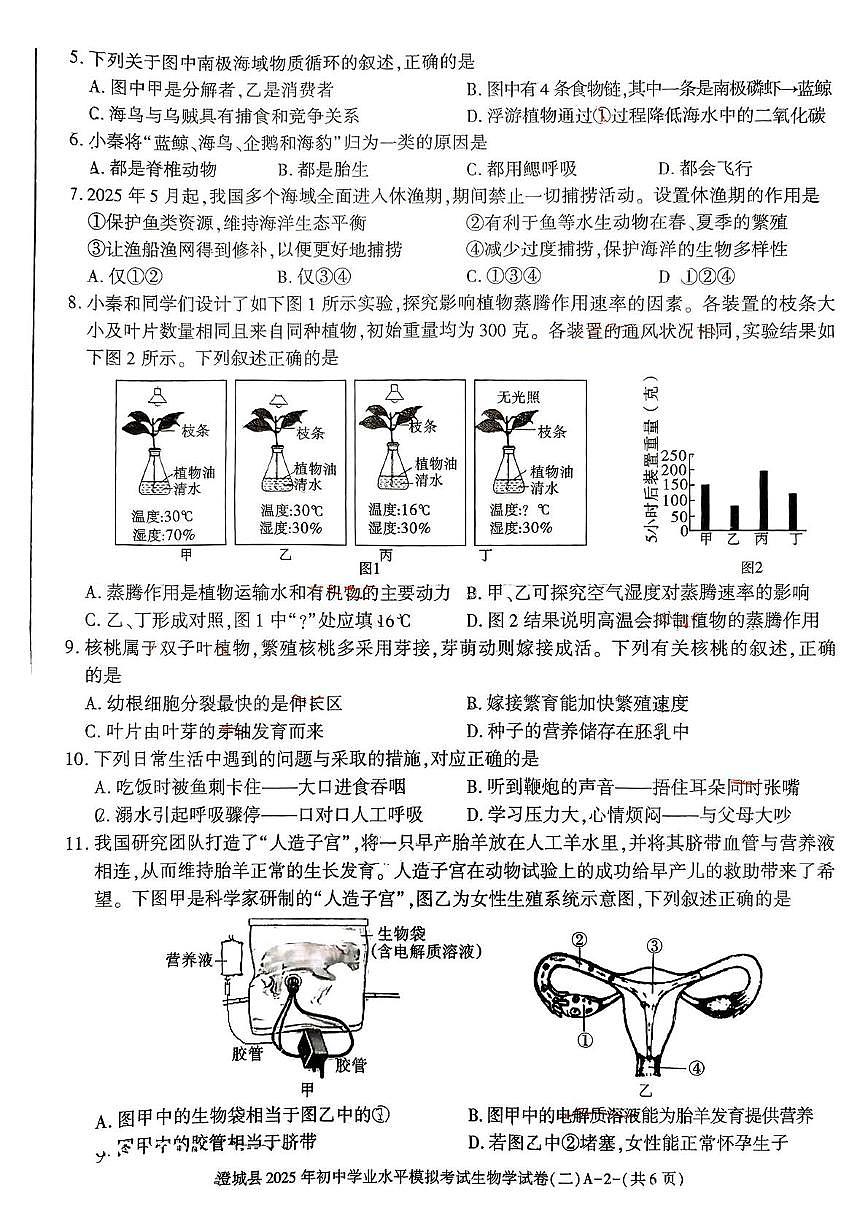 2025 年陕西省渭南市澄城县初中学业水平模拟考试生物学试卷(二)（中考模拟）第2页