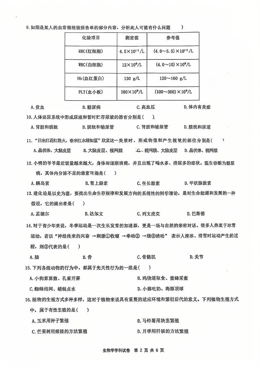 2025年黑龙江省哈尔滨市松北区八年级中考一模生物试题（中考模拟）第2页