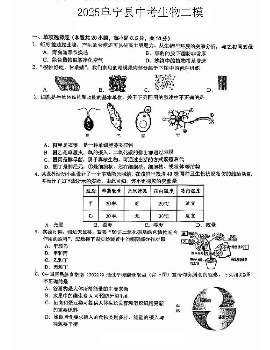2025年江苏省盐城市阜宁县生物中考二模试题（中考模拟）第1页