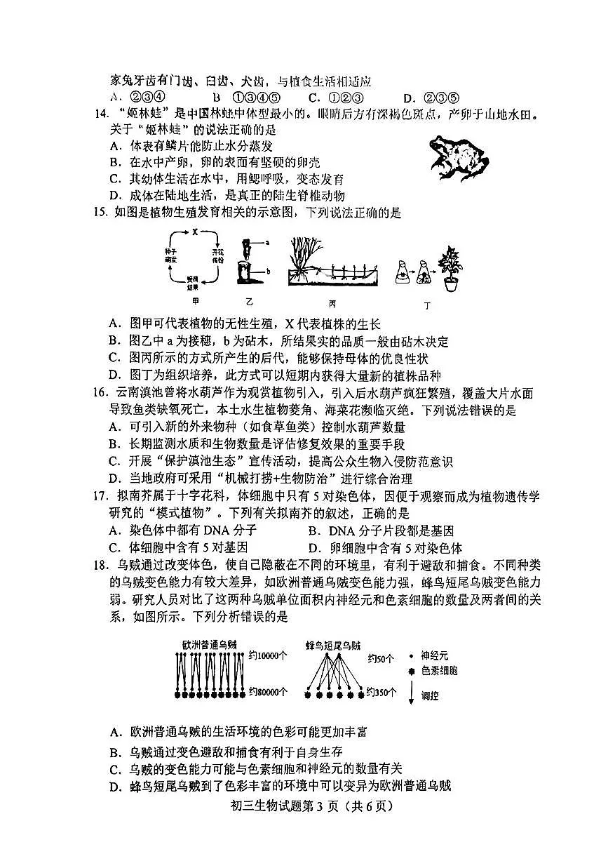 2025年山东省淄博市博山区小中考三模生物试卷（中考模拟）第3页