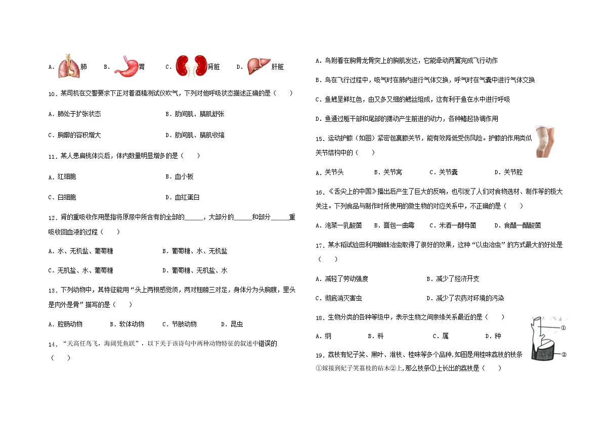 大庆市2025年初中学业水平考试生物学模拟试卷（三）第2页