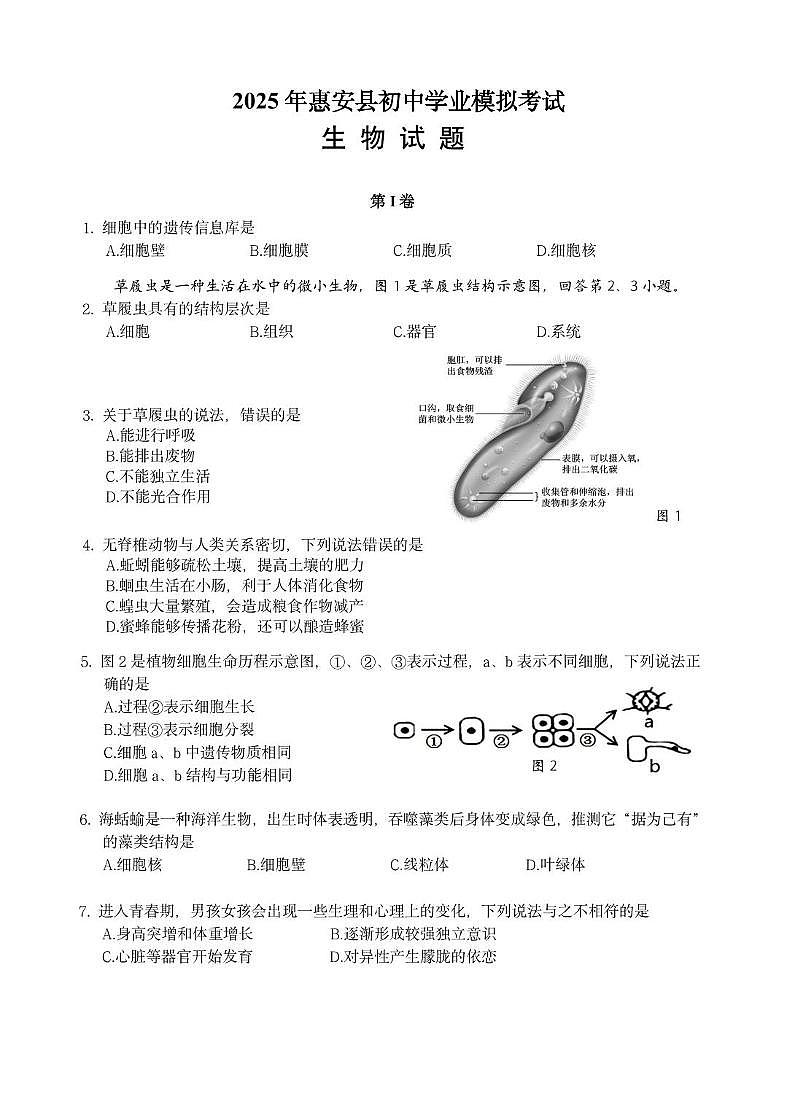 2025年福建省泉州市惠安县中考模拟生物试题第1页