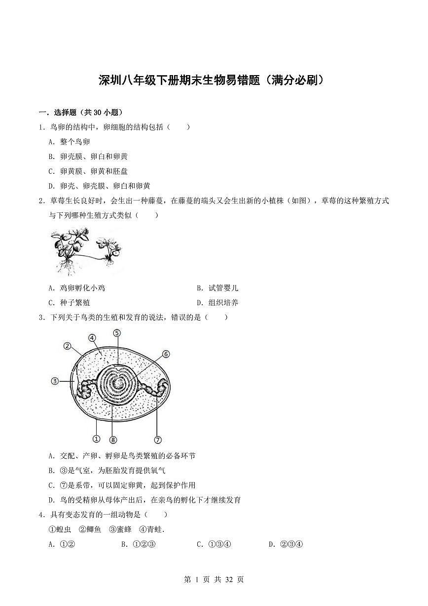 2024-2025学年深圳市八年级下学期期末-生物易错习题第1页