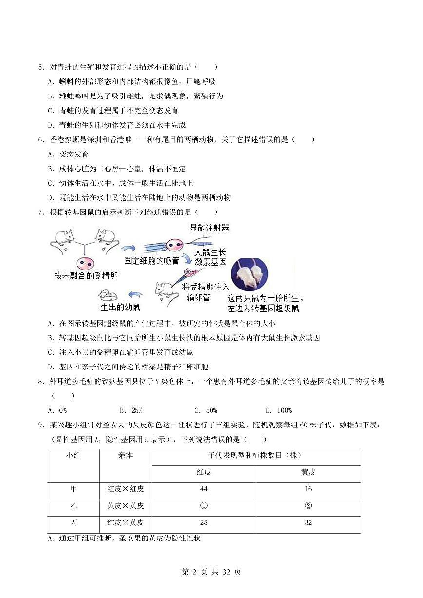 2024-2025学年深圳市八年级下学期期末-生物易错习题第2页