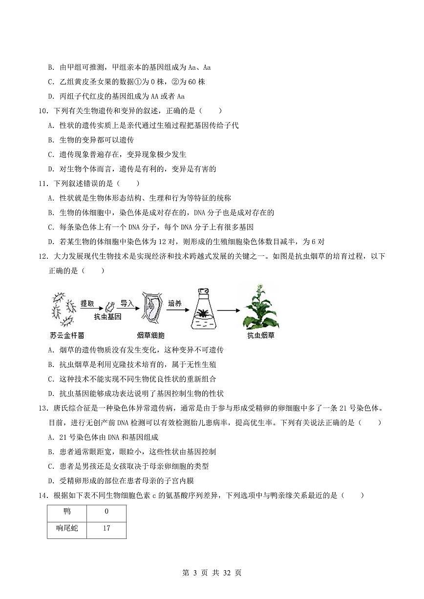 2024-2025学年深圳市八年级下学期期末-生物易错习题第3页