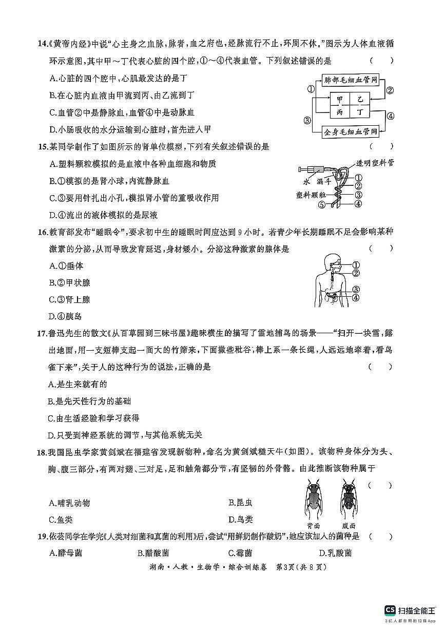 2025年湖南省 初中学业水平考试 生物学综合训练卷（PDF版，含答案）第3页