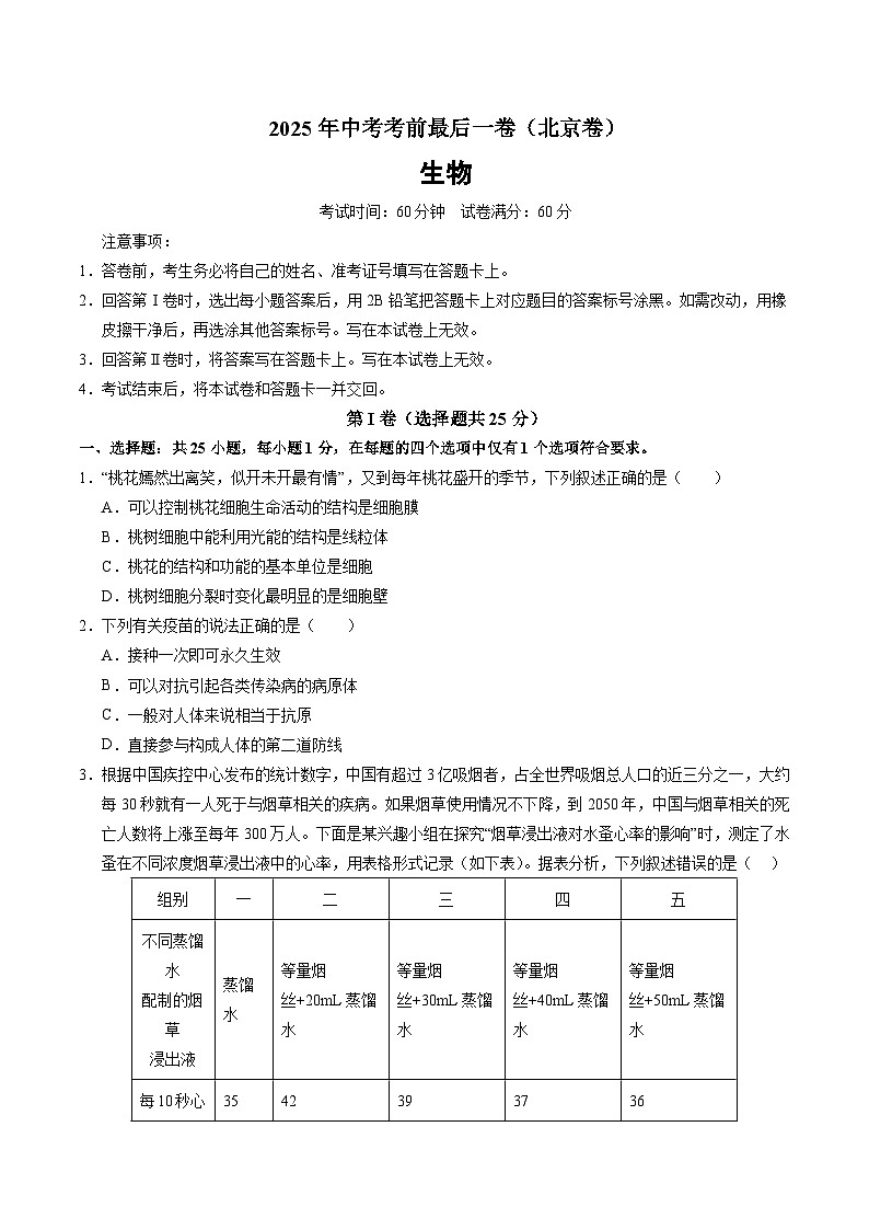 2025年中考考前押题最后一卷：生物（北京卷）（考试版）第1页