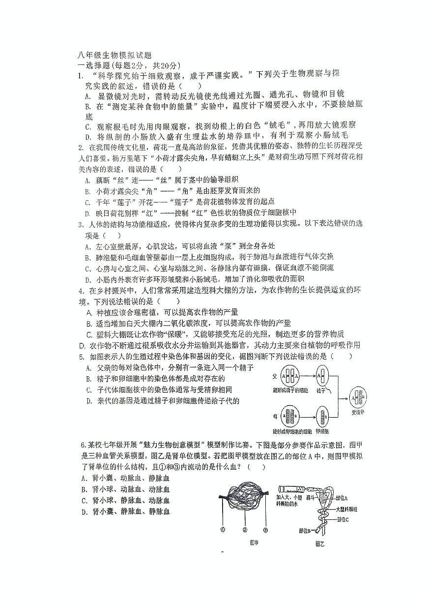 2025年江苏省徐州市沛县汉源中学联盟学区八年级三模生物试题（PDF版，含答案）第1页