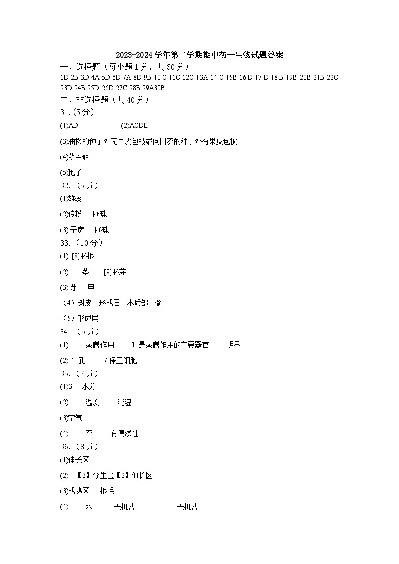 2023-2024学年第二学期期中初一生物试题答案第1页