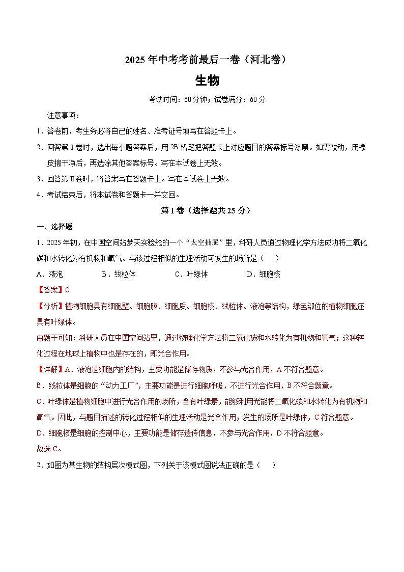 2025年中考考前押题最后一卷：生物（河北卷）（解析版）第1页