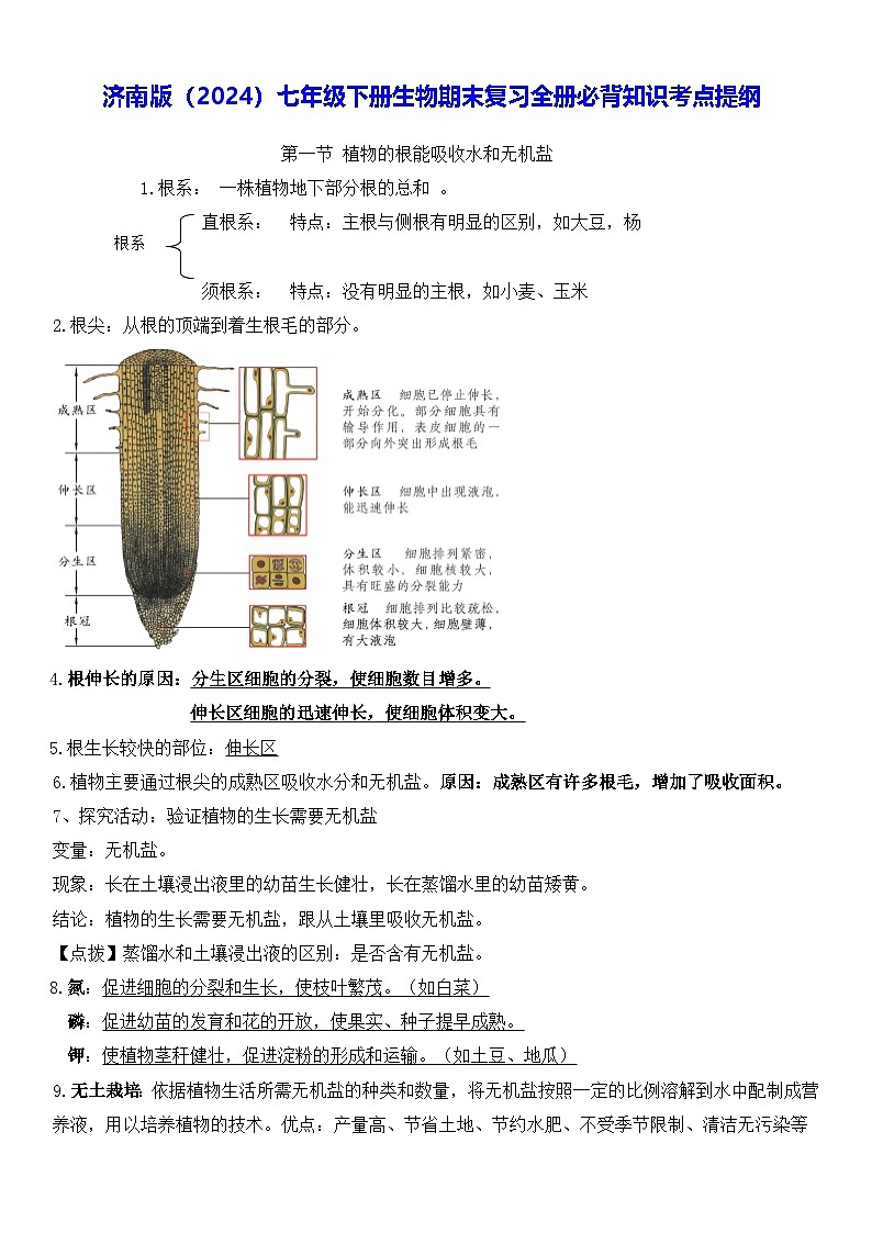 济南版（2024）七年级下册生物期末复习全册必背知识考点提纲 学案第1页