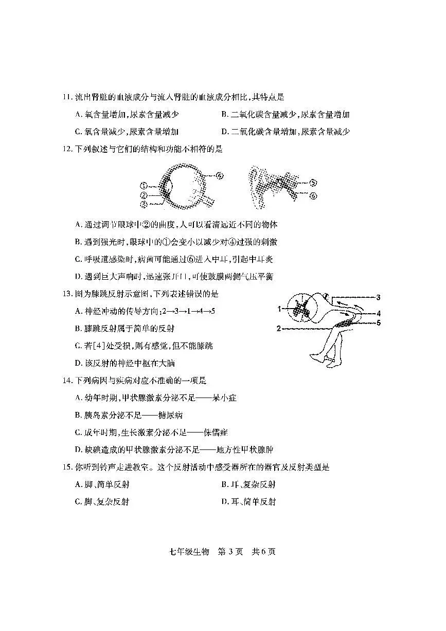 山西省临汾市侯马市2023-2024学年七年级下学期期末考试生物试题第3页