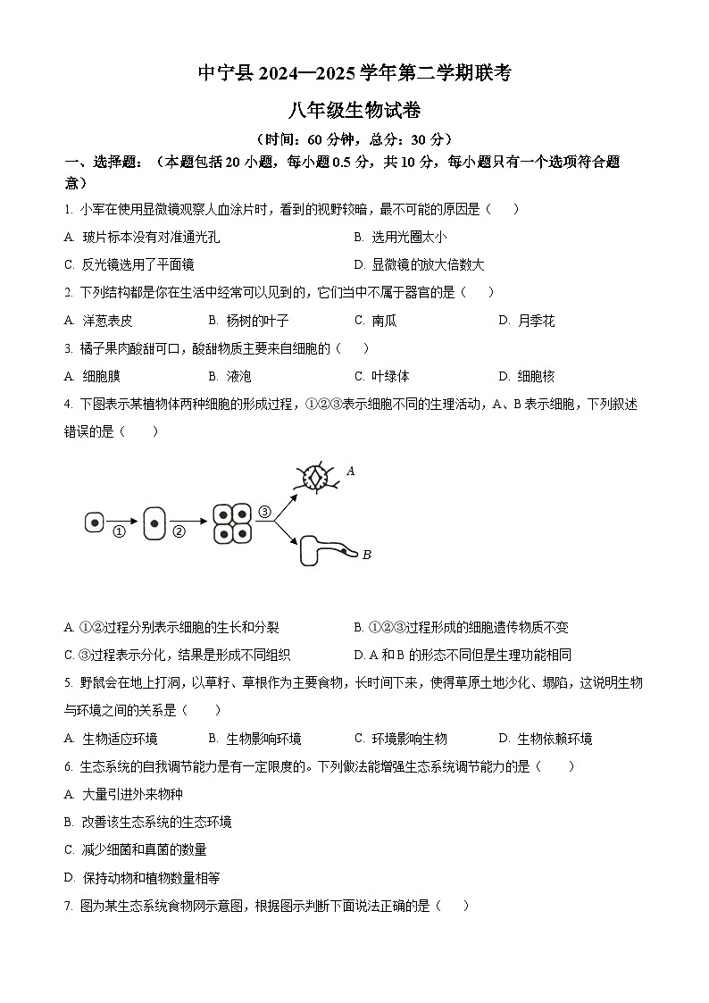 2025年宁夏中卫市中宁县八年级中考模拟生物试题（中考模拟）第1页