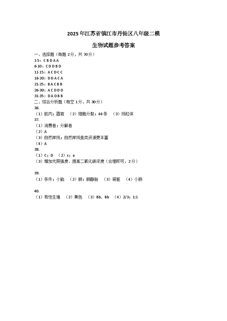 2025年江苏省镇江市丹徒区八年级二模生物试题参考答案第1页