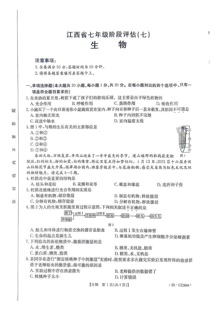 江西省南昌市南昌县江西金太阳教育研究有限公司2024-2025学年七年级下学期5月份月考生物试题第1页