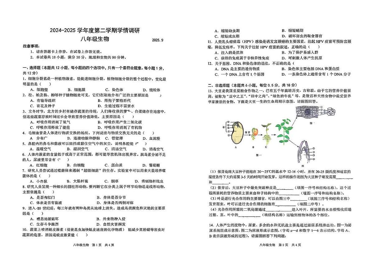 辽宁省大连市普兰店区2024-2025学年八年级下学期期中考试生物试卷第1页