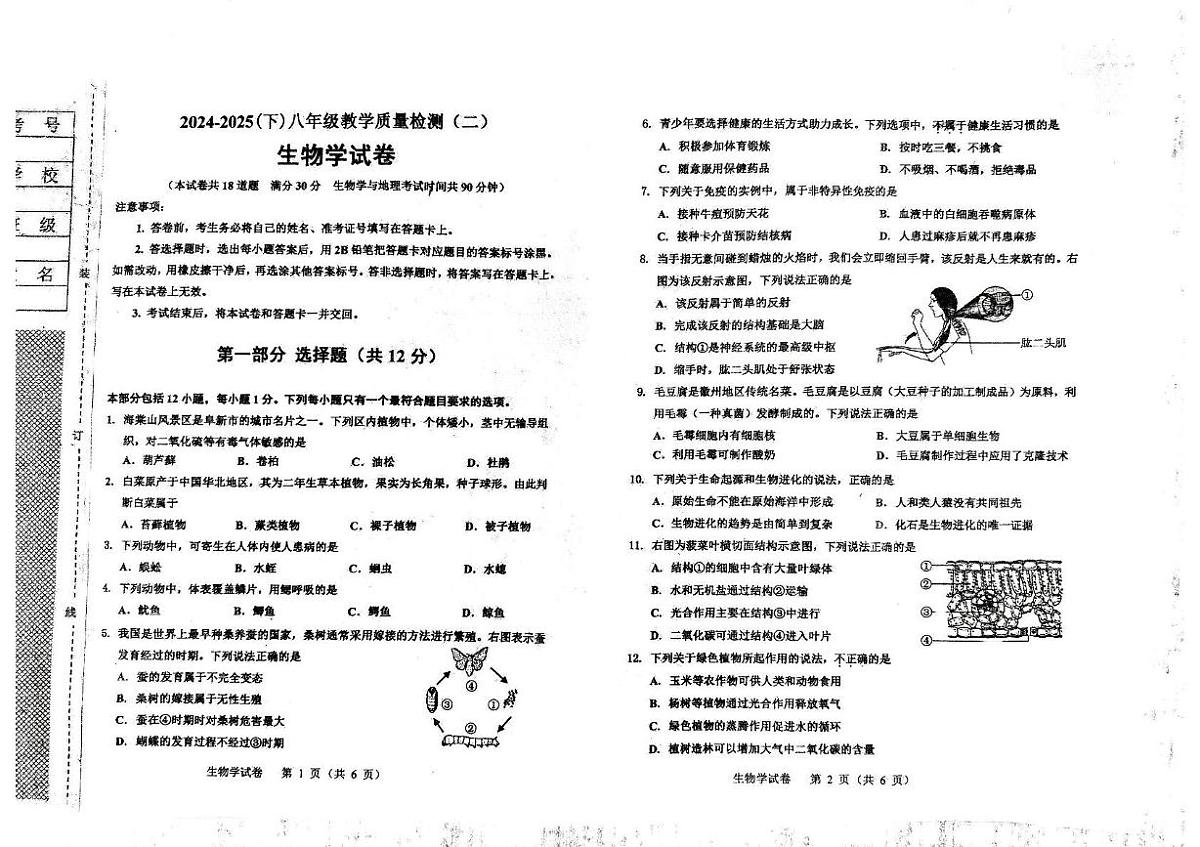 辽宁省阜新市第四中学2024-2025学年八年级下学期6月月考生物试题第1页
