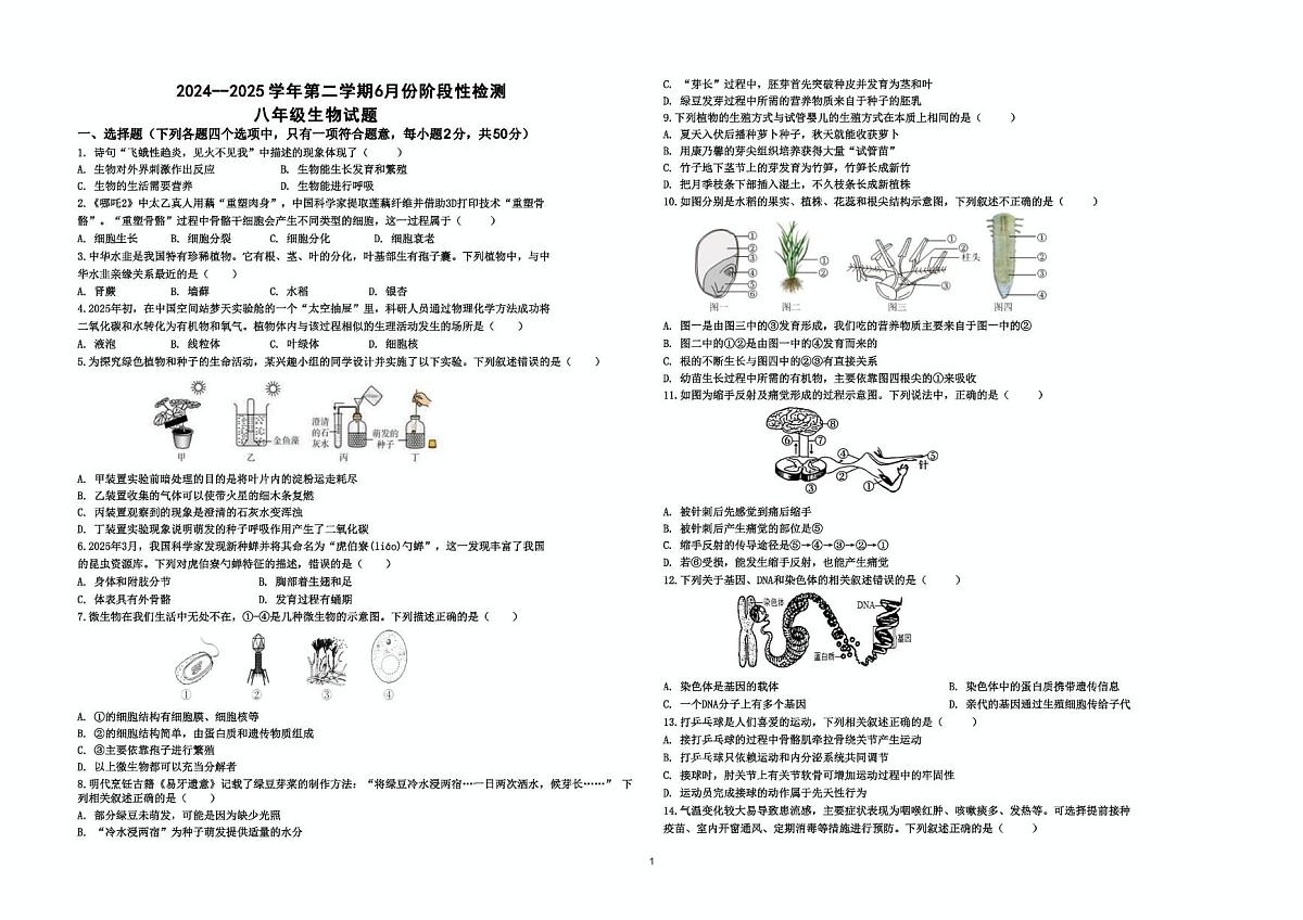 山东省德州市德城区三校联考2024-2025学年八年级下学期第二次月考生物试题第1页