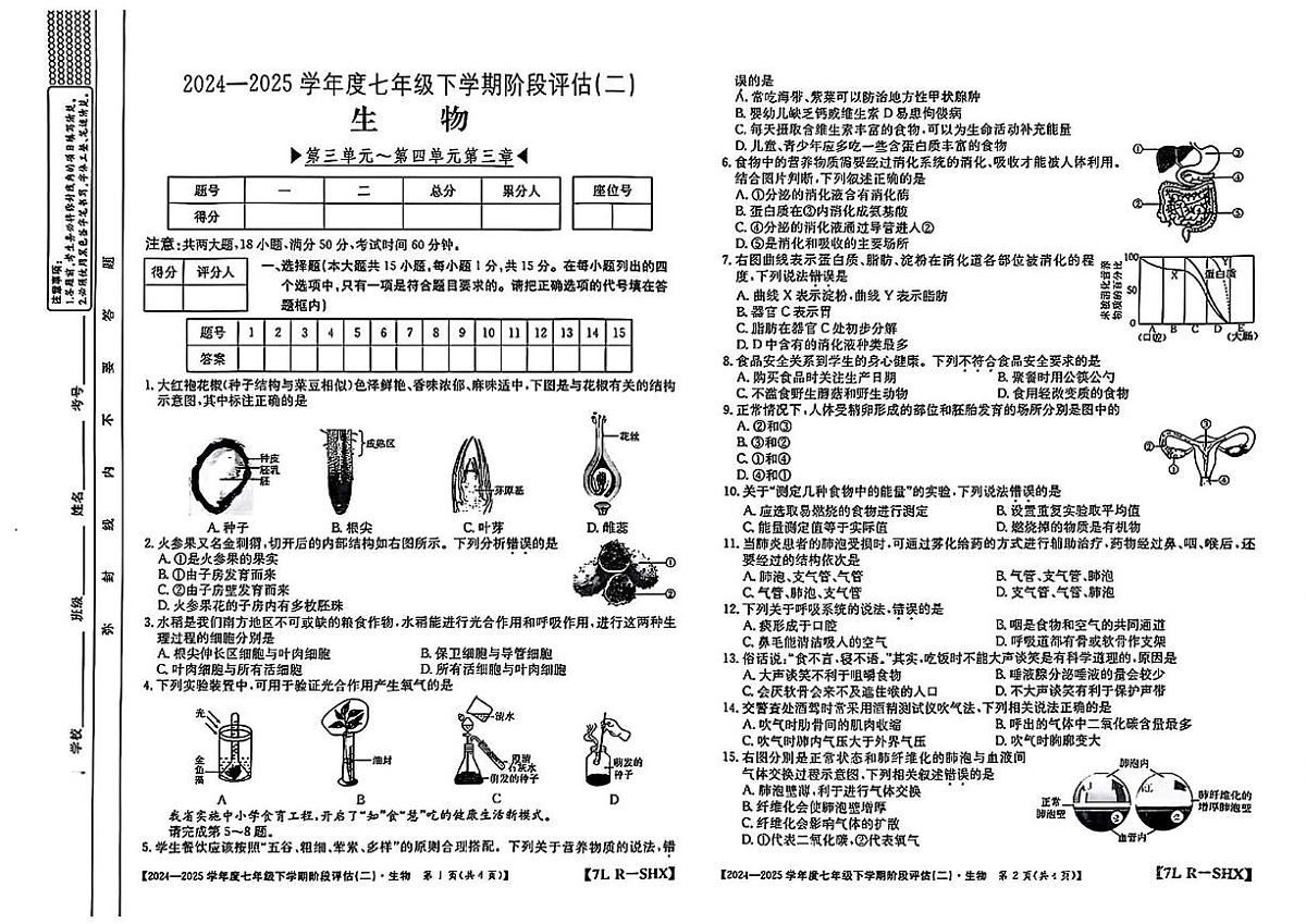 山西省临汾市向阳学校2024-2025学年七年级下学期第三次月考生物学试题第1页