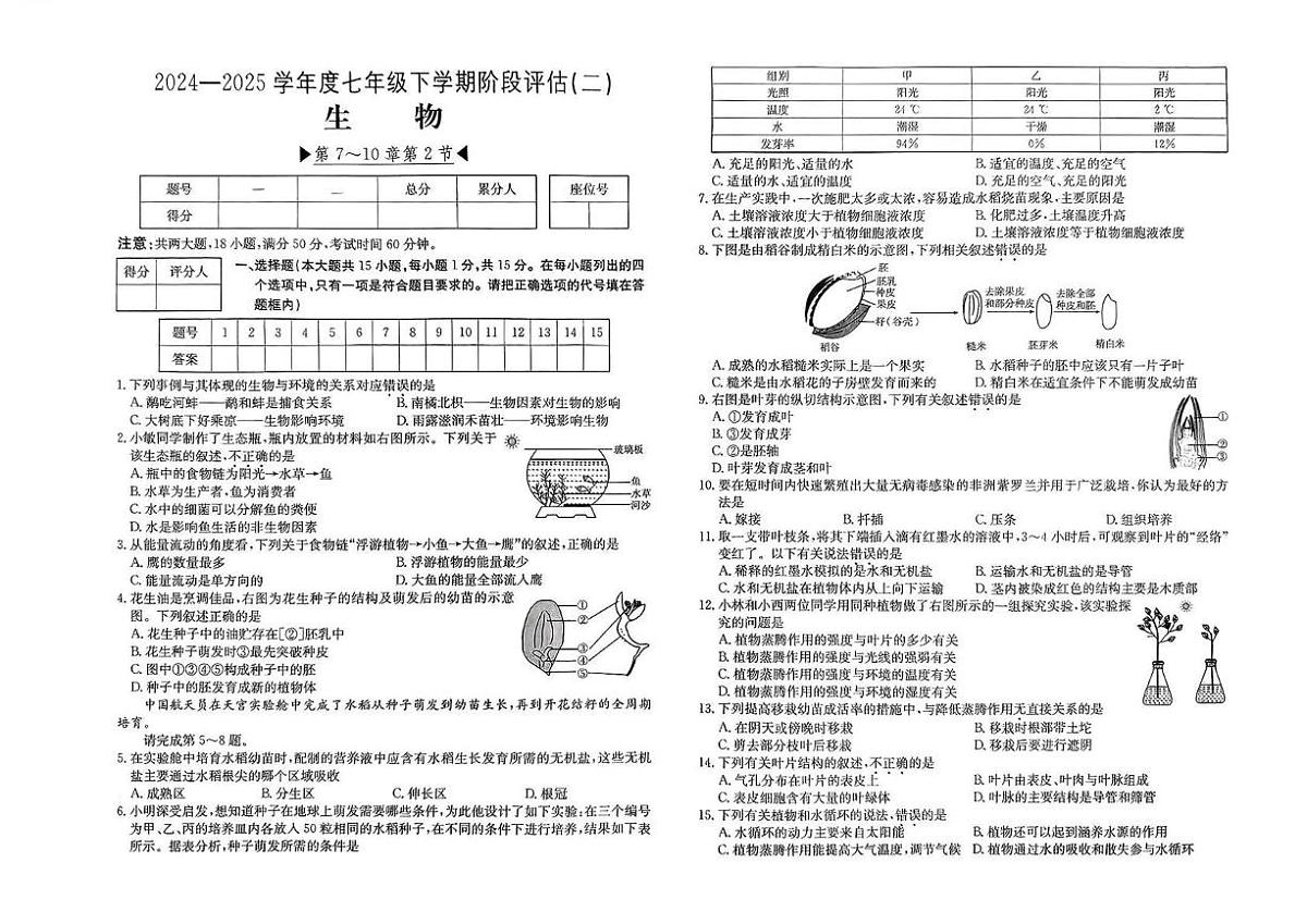 山西省运城市夏县部分学校2024-2025学年七年级下学期5月份月考生物试卷第1页