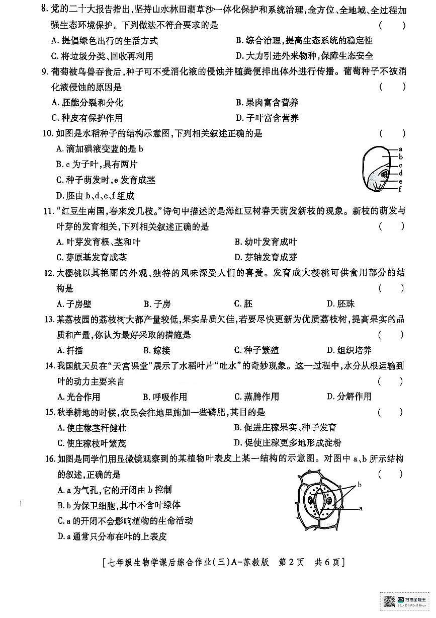 陕西省汉中市西乡县第三中学2024-2025学年七年级下学期6月月考生物试题第2页