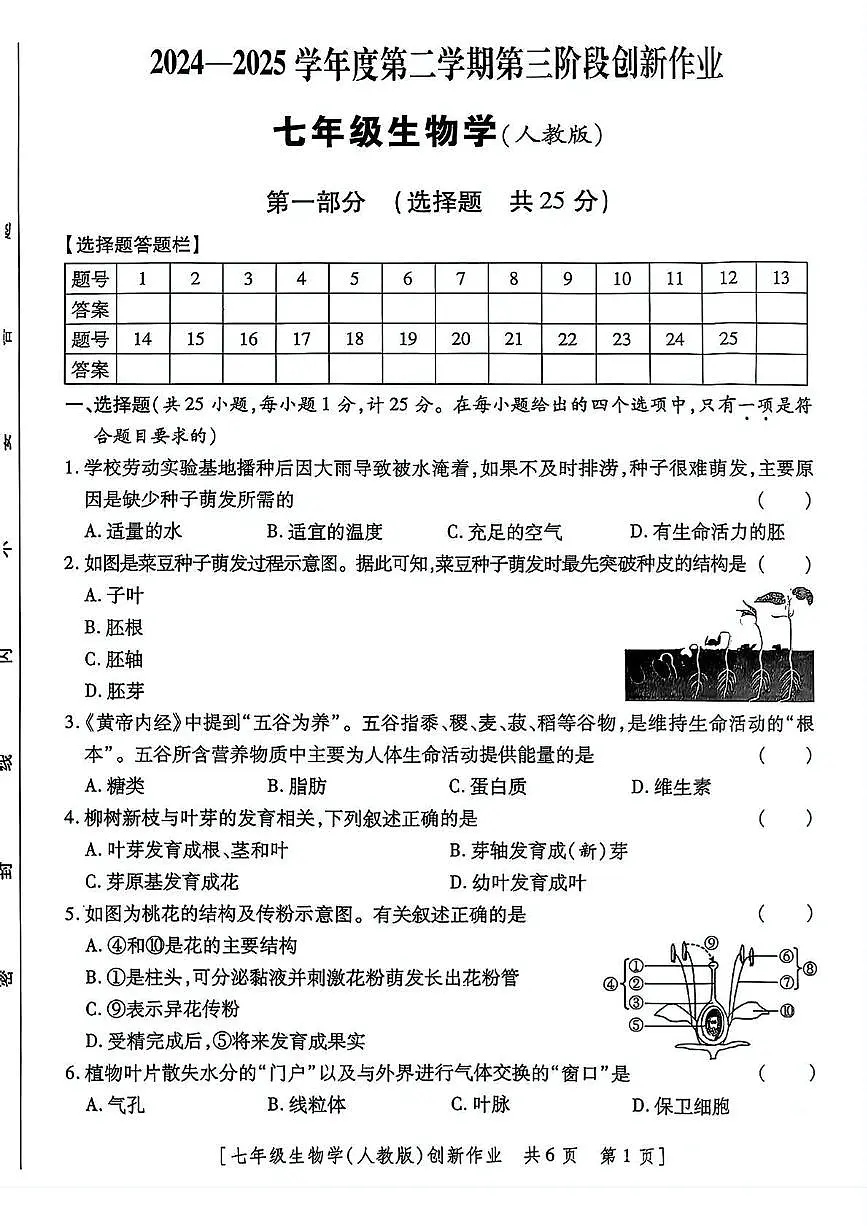 陕西省咸阳市永寿县上邑中学2024-2025学年七年级下学期第三次月考生物学试题第1页