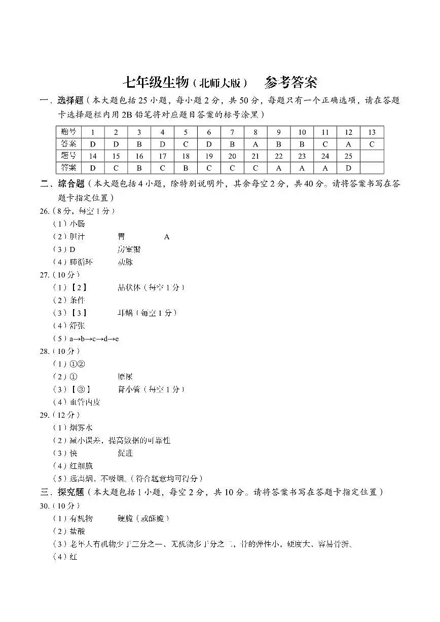 七年级生物 北师大版100分 参考答案第1页