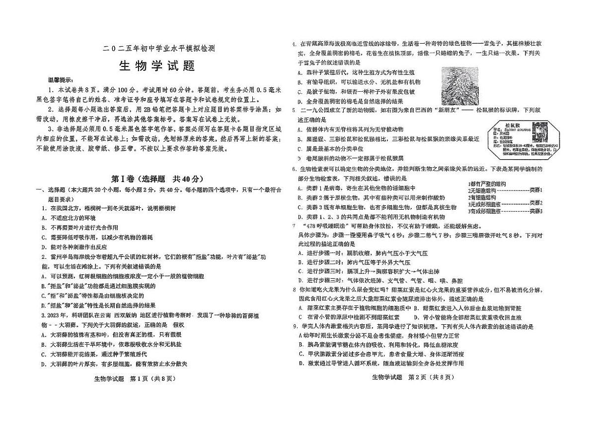 2025年山东省滨州市滨城区初中学业水平第三次模拟测试卷生物试题（中考模拟）第1页