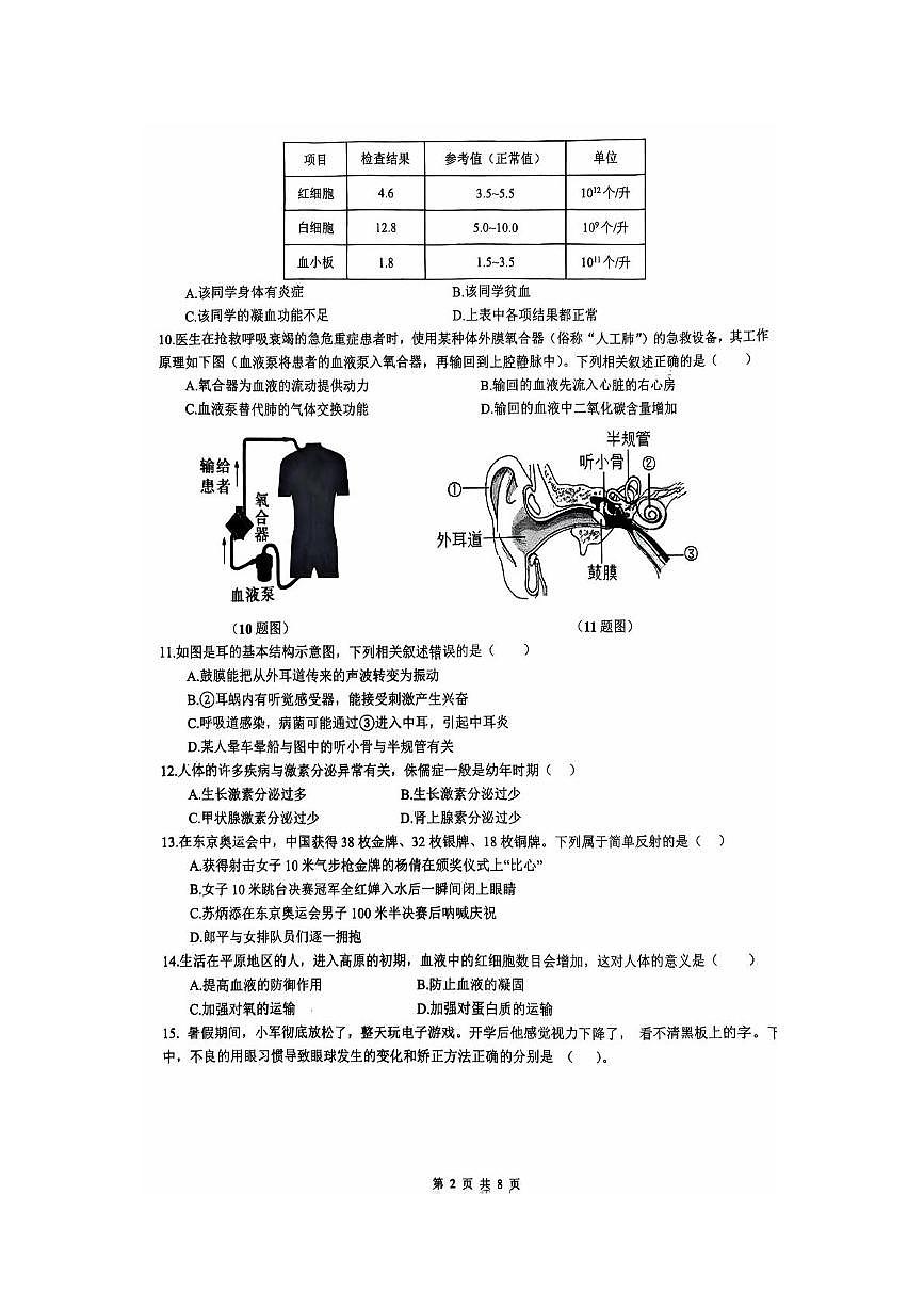重庆市万州区二中2024--2025学年七年级下学期第三次月考生物试卷第2页