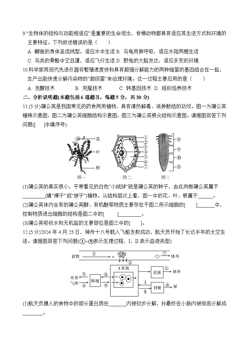 甘肃省平凉市崆峒区2025年中考二模 生物试题+第2页