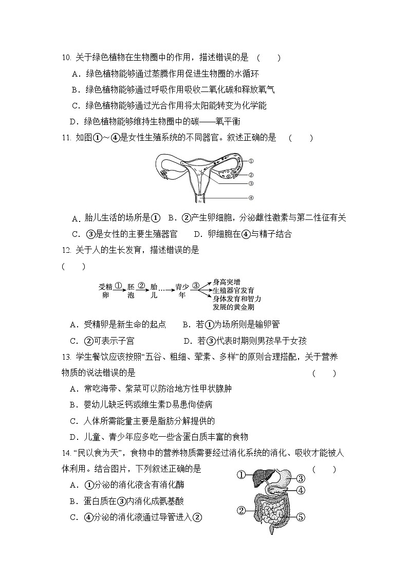 河南省郑州市第一二一中学2024--2025学年下学期七年级 生物期末自测卷一第3页