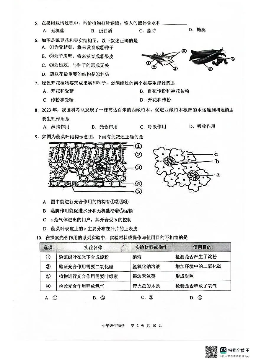 广东省广州市白云区2024-2025学年七年级下学期6月期末考试生物试题第2页