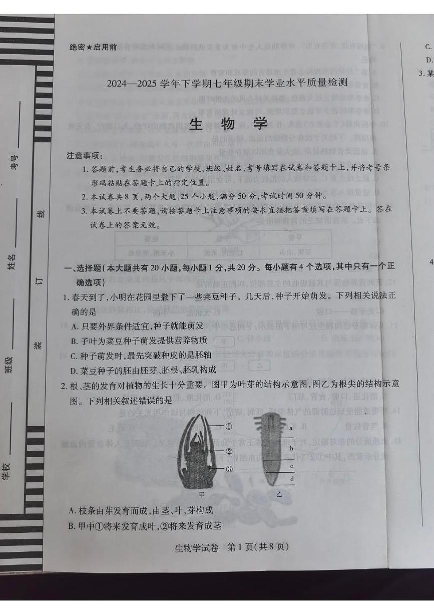 河南省新乡市2024-2025学年七年级下学期6月期末考试生物试题第1页